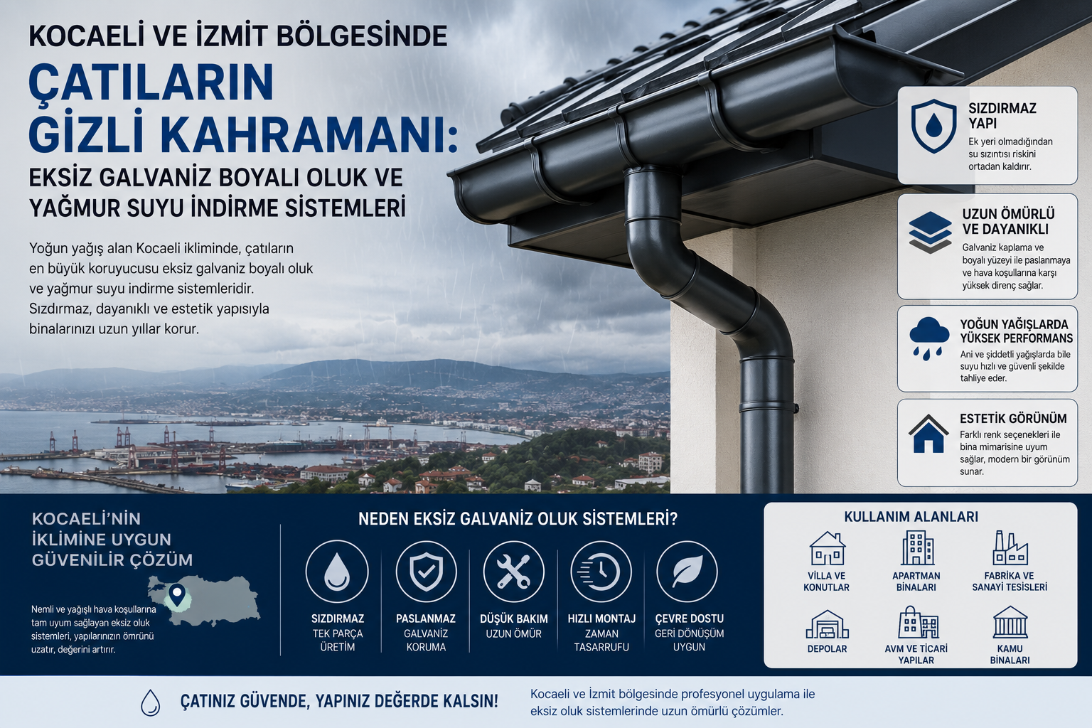 Kocaeli ve İzmit Bölgesinde Çatıların Gizli Kahramanı: Eksiz Galvaniz Boyalı Oluk ve Yağmur Suyu İndirme Sistemleri