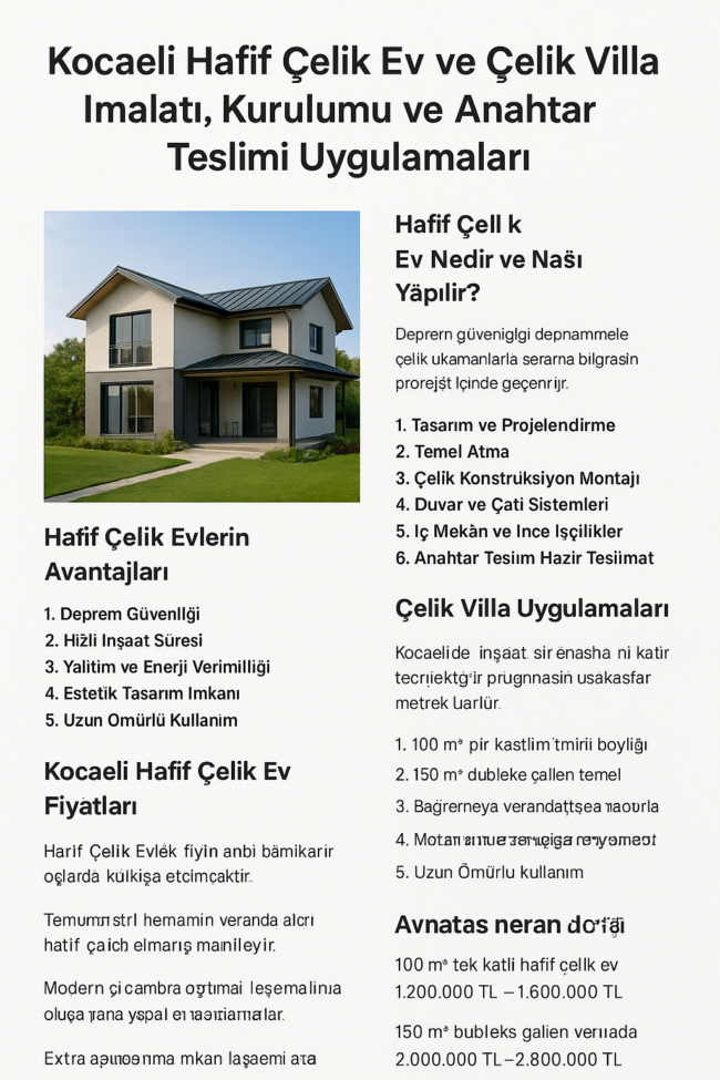 Kocaeli Hafif Çelik Ev ve Çelik Villa İmalatı, Kurulumu ve Anahtar Teslimi Uygulamaları Kocaeli Hafif Çelik Ev ve Çelik Villa İmalatı, Kurulumu ve Anahtar Teslimi Uygulamaları