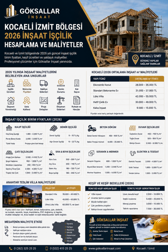 Kocaeli İzmit Bölgesinde 2026 İnşaat İşçilik Hesaplama keşif ve Yaklaşık Maliyetler