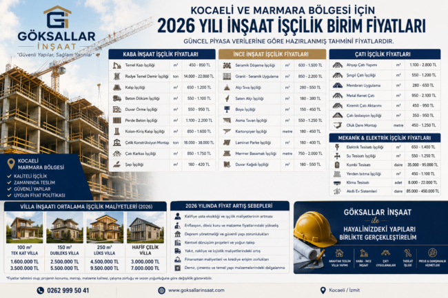 Kocaeli ve Marmara Bölgesi İçin 2026 Yılı Tahmini İnşaat İşçilik Birim Fiyatları ve Artış Sebepleri